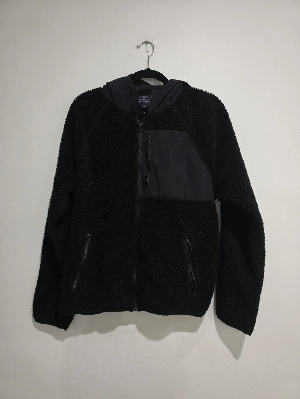 J.Crew Authentic Outerwear Black Sherpa Fleece Full-Zip Hoodie Jacket - Men's M